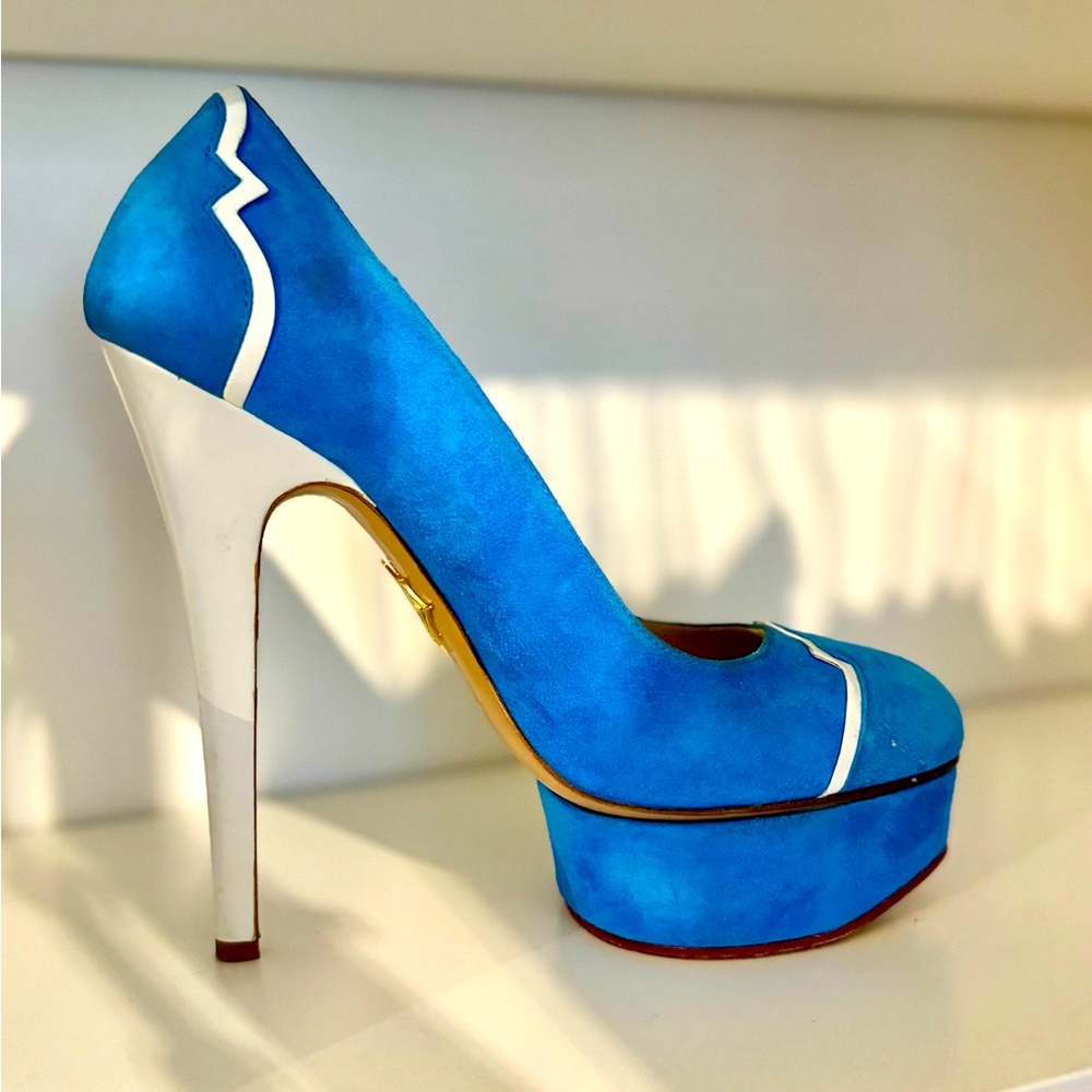 Charlotte Olympia Blue Suede Heels